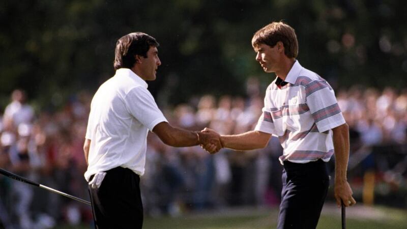 Seve Ballesteros of Europe  and Paul Azinger of the USA shaking hands   during a 1989 Ryder Cup match  at The Belfry in England. Seve famously called the American team “eleven nice guys and Paul Azinger”. Photograph:  Getty Images