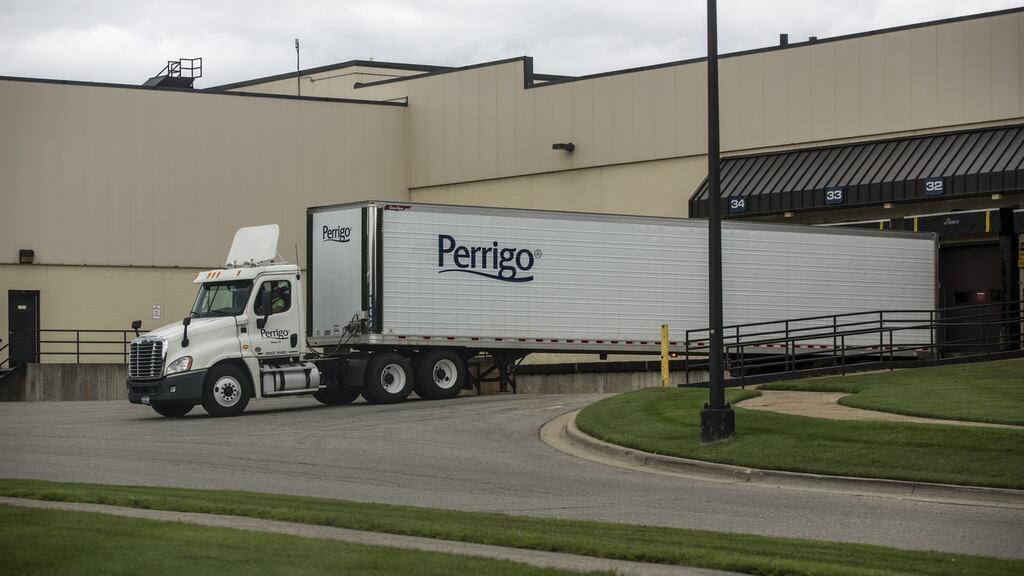 A truck is parked at the loading dock at the Perrigo facility in Allegan, Michigan. Photograph: Adam Bird/Bloomberg