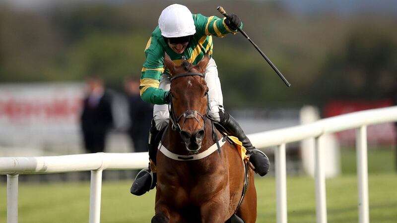 Jody McGarvey onboard Great Field comes home to win the Ryanair Novice Steeplechase at the 2017 Punchestown Festival in Co Kildare. Photograph: Ryan Byrne/Inpho