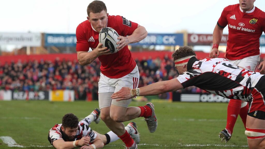 Andrew Conway scoring a try against Edinburgh: “Scarlets are a brilliant team. If you watch them consistently, they can score tries from everywhere.” Photograph: Billy Stickland/Inpho