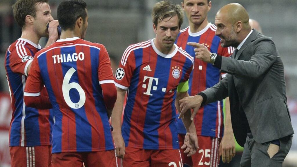 Bayern Munich’s manager Pep Guardiola, with ripped trousers, gives his players instructions during the Champions League second-leg quarter-final against FC Porto at the Allianz Stadium, Munich. Photograph: Getty.
