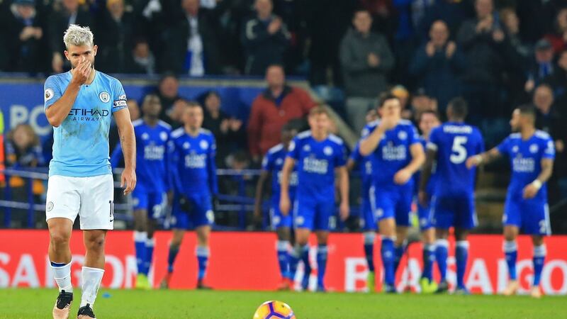 Sergio Aguero during Manchester City’s shock defeat away to Leicester. Photograph: Lindsey Parnaby/AFP/Getty