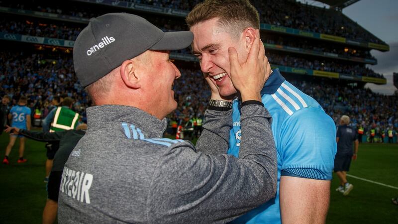 Dublin manager Jim Gavin celebrates with Brian Fenton. Photograph: Oisín Keniry/Inpho