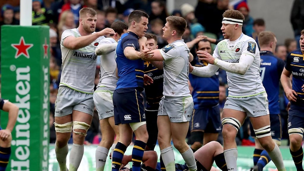 Leinster’s Johnny Sexton and Saracens’ Owen Farrell in  a scuffle during last year’s  Champions Cup quarter-final at the Aviva  Stadium. Photograph: Tommy Dickson/Inpho