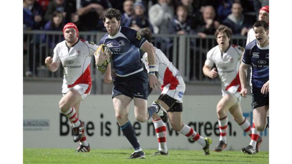 Leinster's man of the match Shane Horgan runs in for a try during their Magners League win over Ulster at the RDS in Dublin. Photograph: Dan Sheridan/Inpho