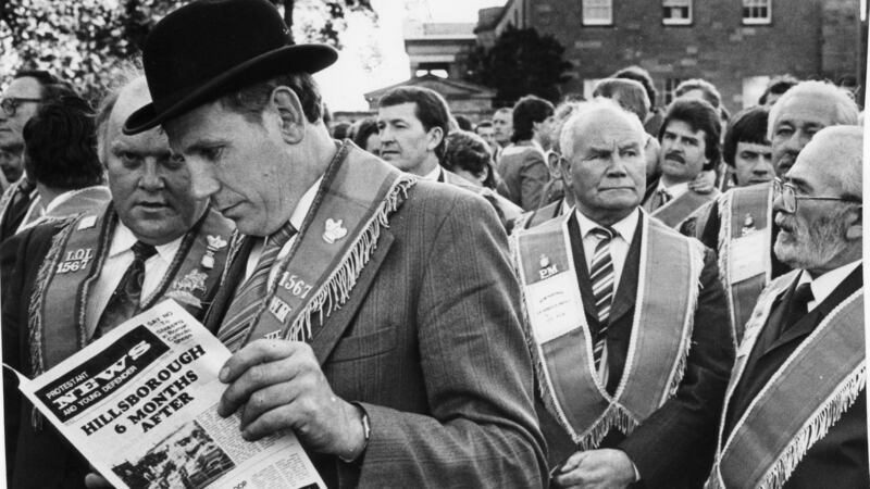 Loyalists taking part in the Orange Order protest rally against the signing of the Anglo-Irish Agreement. File photograph: Matt Kavanagh