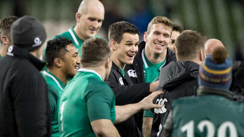 Ireland’s Johnny Sexton share a joke with team-mates after a win over Argentina. Ireland players should enjoy the occasion at the Olympic Stadium in Rome. Photograph: Morgan Treacy/Inpho