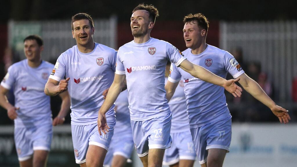 Derry City’s Cameron Dummigan celebrates scoring his side’s fourth goal. Photograph: Bryan Keane/Inpho