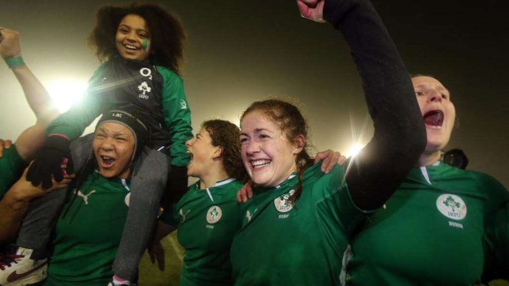 Ireland’s Fiona Coughlan celebrates victory over France in Ashbourne.