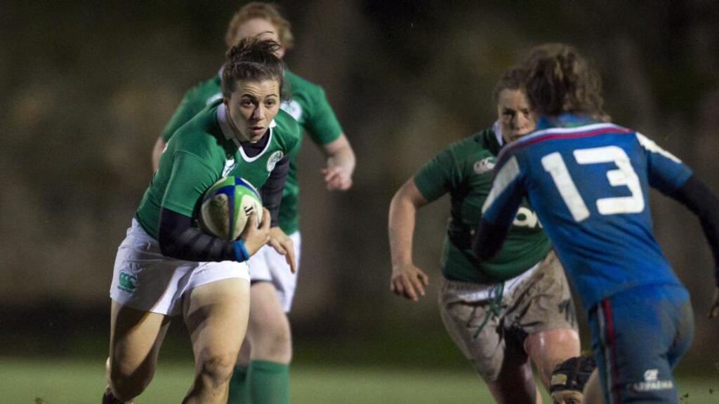Ireland’s Katie Fitzhenry on the attack against Italy. The Blackrock back will start at inside centre against France. Photograph: Ivan Marianelli / Inpho