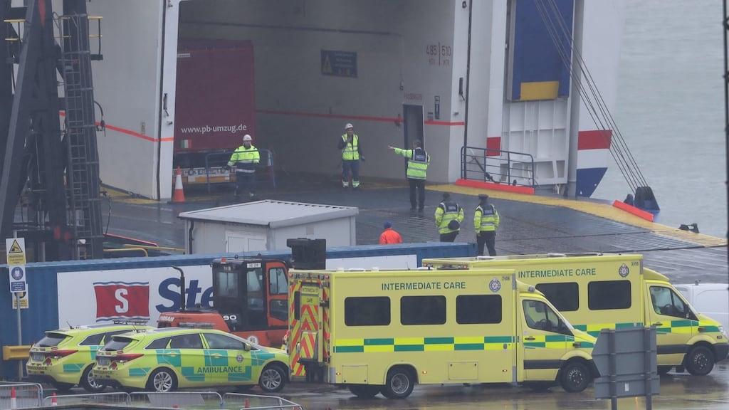 The scene at Rosslare Europort in Co Wexford last Thursday, after 16 people were found alive in the back of a truck on ferry sailing from France. Photograph: Niall Carson/PA Wire