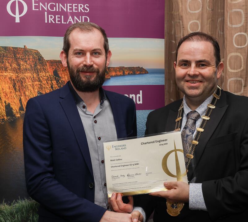 Dr Harty awards the title of Chartered Engineer to Matt Collins at the Thomond region conferring event in Limerick