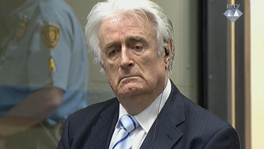 Radovan Karadzic listening to the verdict at the International Criminal Tribunal for Former Yugoslavia in The Hague, The Netherlands, last month. He was sentenced to 40 years in prison. Photograph: AP