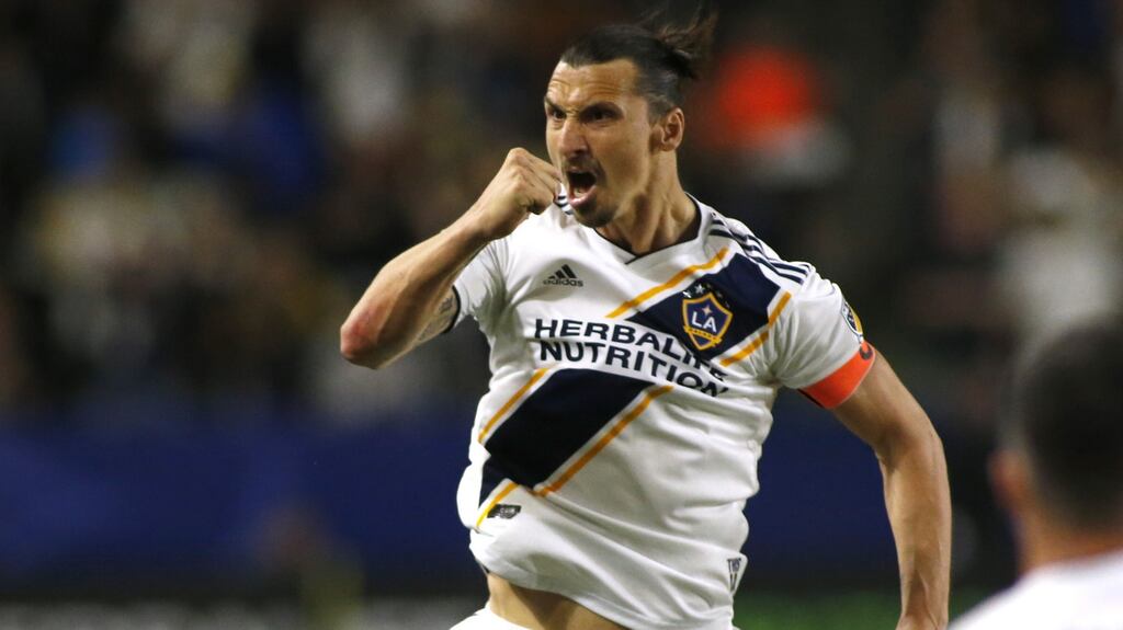 Zlatan Ibrahimovic celebrates after scoring for the LA Galaxy against the Portland Timbers. Photograph: Katharine Lotze/Getty