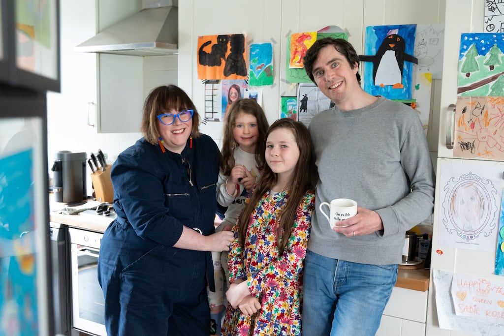 Carolann Courtney, daughters Kitty, 5, and Sadie Rose, age 10, and partner Brian O’Malley in their home in Dublin 8