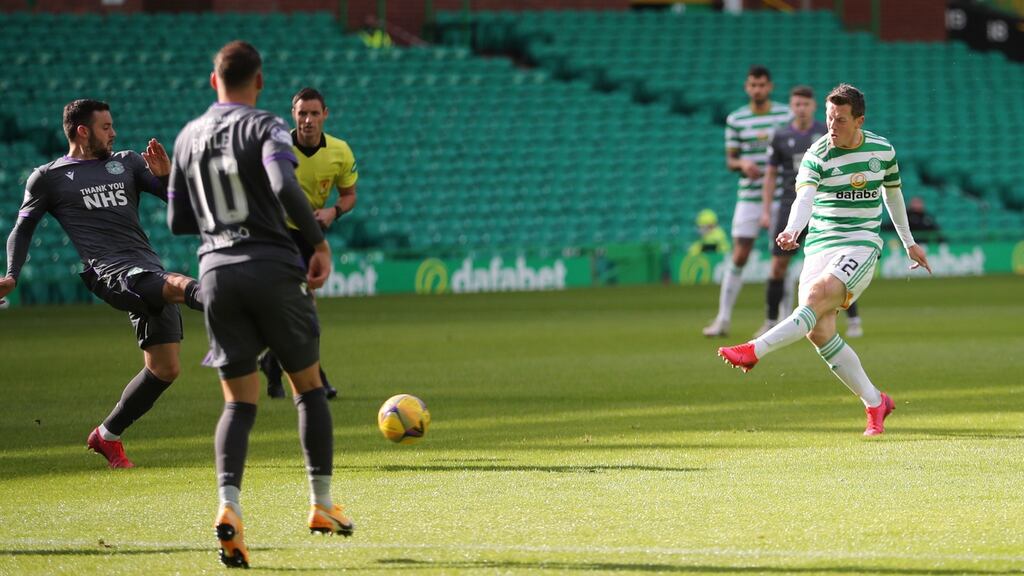 Celtic’s Callum McGregor opens the scoring at Parkhead. Photograph: Jane Barlow/PA