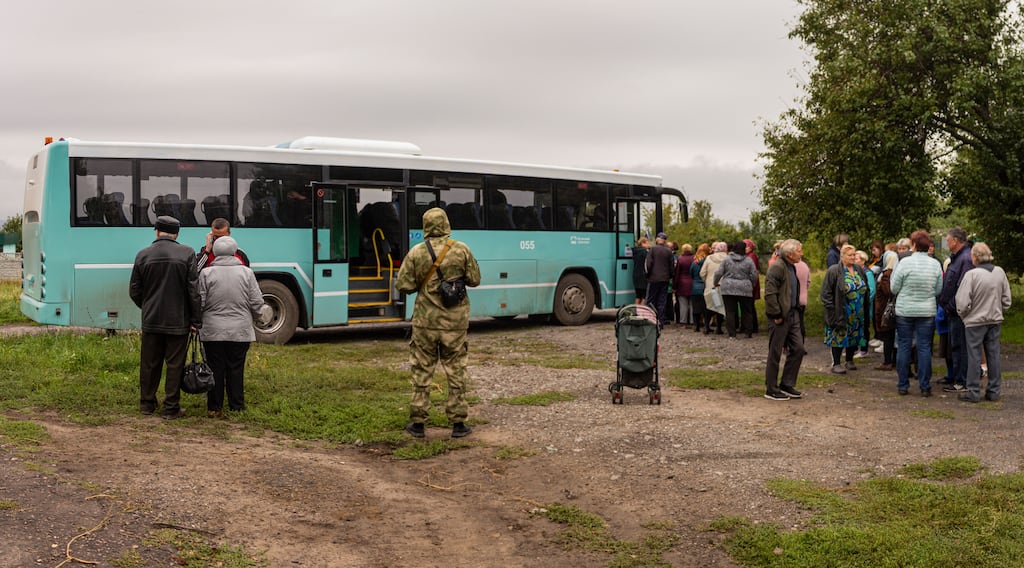 Voters at a mobile polling station in the village of Krasny Yar in the Luhansk region of Ukraine. They are being compelled to vote in a referendum on joining the Russian Federation. Photograph: Shutterstock/EPA