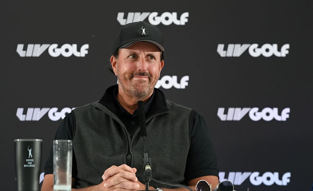 Phil Mickelson addresses a press conference during the LIV Golf Invitational series. Photograph: Andy Rain/EPA