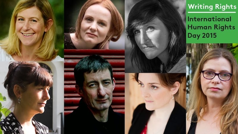 Clockwise from top left, the  writers contributing to Writing Rights to mark International Human Rights Day 2015:  Sarah Bannan; Martina Devlin; Sara Baume; Anakana Schofield; Nuala O’Connor; Eoin McNamee; and Martina Evans