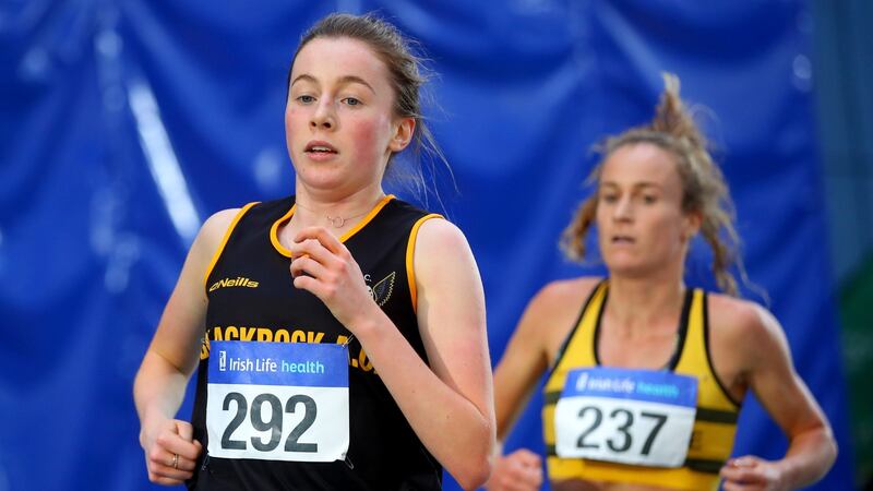 Sarah Healy running the 3000m during the 2019 National Senior Indoor Championships. Photograph: Oisin Keniry/Inpho