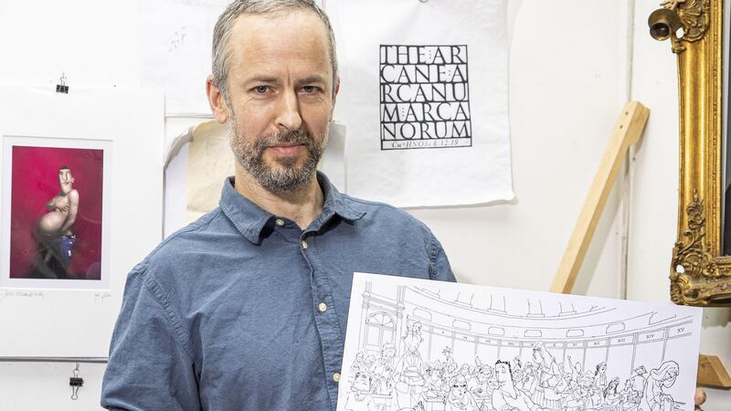Artist Alan Clarke with items from the Ross O’Carroll-Kelly collection. Photograph: Marc O’Sullivan