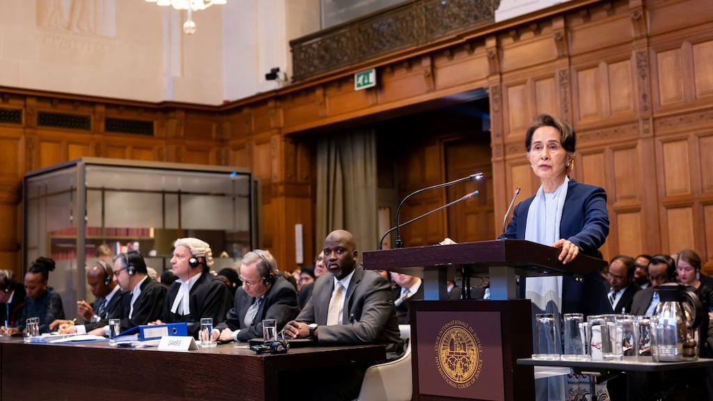Nobel laureate Aung Suu Kyi, who is also Myanmar’s de facto ruler, defends her country against accusations of the Rohingya genocide. Photograph: International Court of Justice /Anadolu Agency via Getty