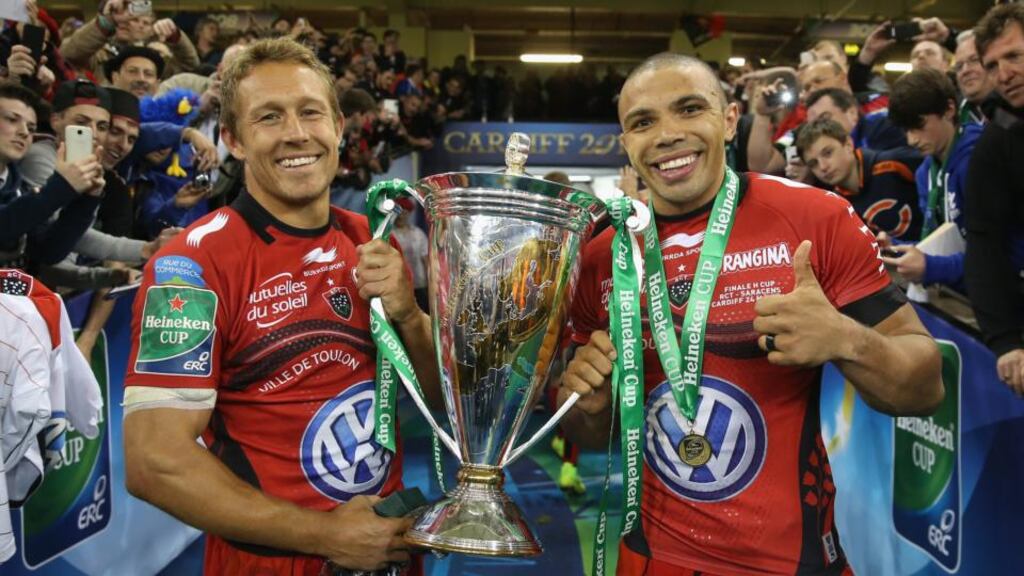 Jonny Wilkinson (left), the Toulon captain, holds the Heineken Cup with team-mate Bryan Habana after their victory over Saracens in the last Heineken Cup final, at the Millennium Stadium in Cardiff. The competition has been replaced this seaspon by the European Champions Cup. Photograph: David Rogers/Getty Images