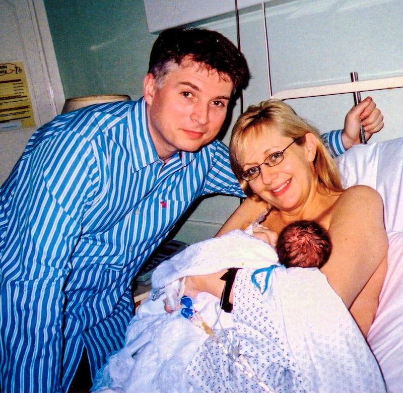 Miriam O’Callaghan with husband Steve and their son Jamie in Holles Street
Hospital, February 2006. Photograph: Penguin Random House UK