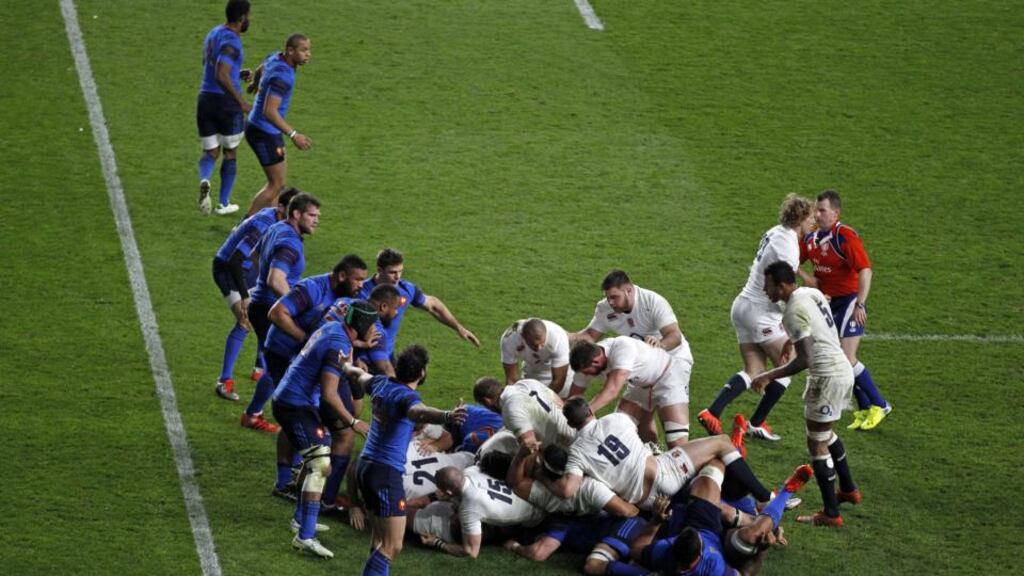 England get held up just short of the try line in the dying seconds of the Six Nations match against France at Twickenham Stadium. Photograph: Adrian Dennis/AFP/Getty Images