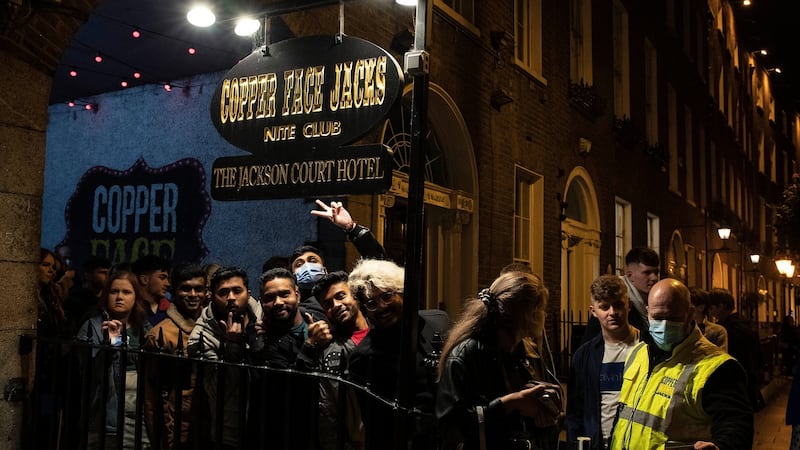 People queue outside Copper Face jacks on Harcourt Street as nightclubs reopened in Dublin last weekend. Photograph: Damien Eagers
