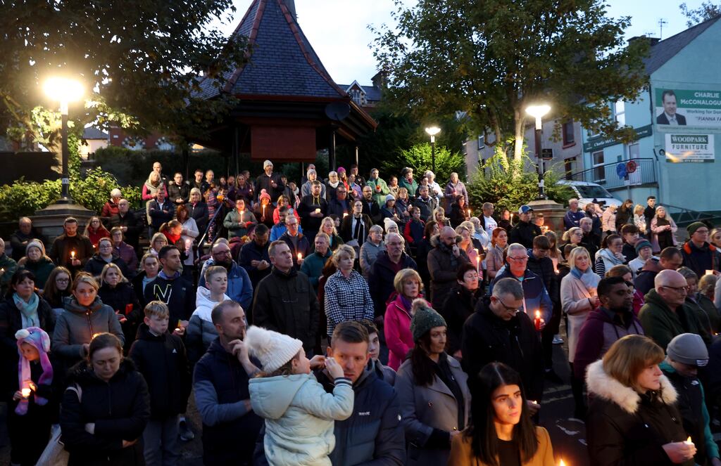 A vigil at Market Square, Letterkenny on Monday, in remembrance of those killed and injured in the explosion at the Applegreen service station in the nearby village of Creeslough. Photograph: PA