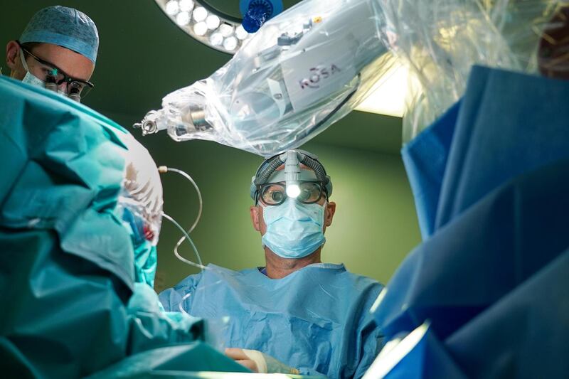 Donncha O’Brien using the Rosa robot during Ray’s operation. Photograph: Enda O’Dowd/The Irish Times