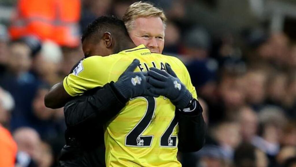 Eljero Elia of Southampton celebrates with manager Ronald Koeman after his first goal at St James’s Park. Photograph: Jan Kruger/Getty Images
