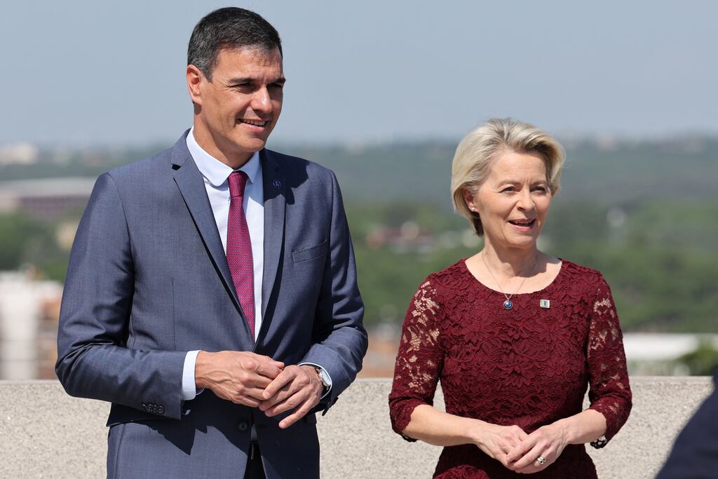 Spanish prime minister Pedro Sanchez with president of the European Commission Ursula von der Leyen before their meeting in Madrid today. Photograph: Thomas Coex/Getty Images