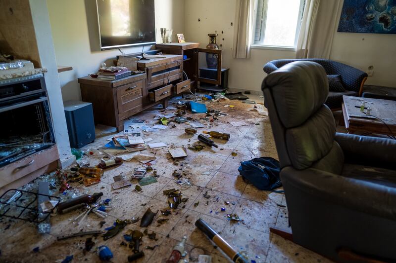 The destruction caused during the attack on Kibbutz Nir Ozi, near the Israeli-Gaza border, southern Israel. Photograph: Dima Vazinovich/AFP via Getty Images