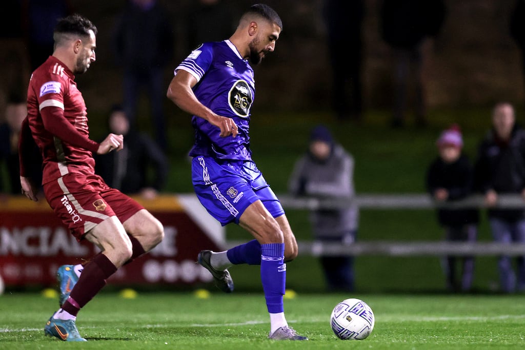 Wassim Aouachria scores Waterford's second goal during the SSE Airtricity League First Division playoff final against Galway United at Markets Field, Limerick. Photograph: Laszlo Geczo/Inpho