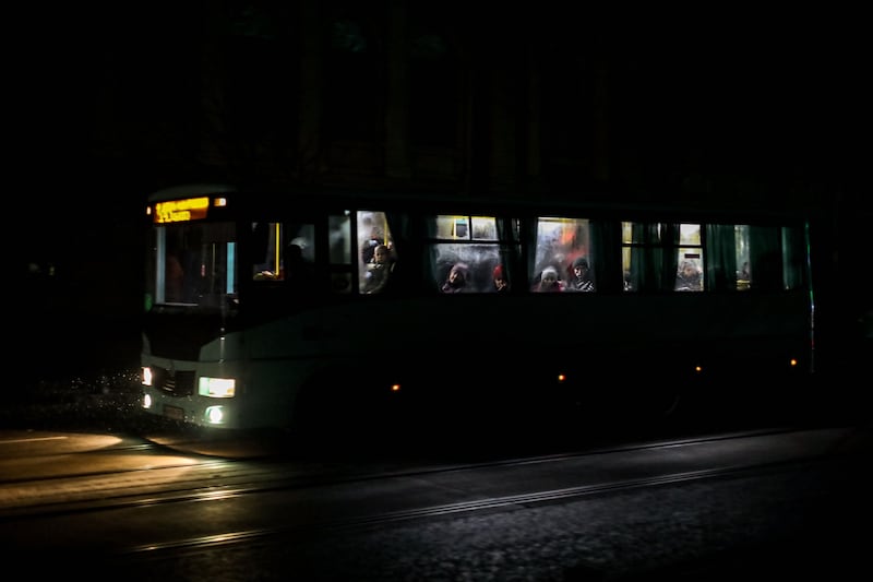 Passengers travel on a city bus during a power cut in downtown Odesa this week. Photograph: Oleksandr Gimanov/AFP via Getty Images