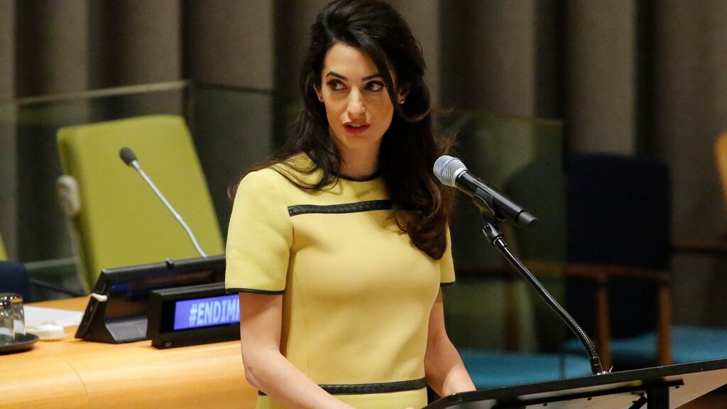 Amal Alamuddin speaking at the United Nations in New York on March 9th. Photograph: Kena Betancur/AFP via Getty