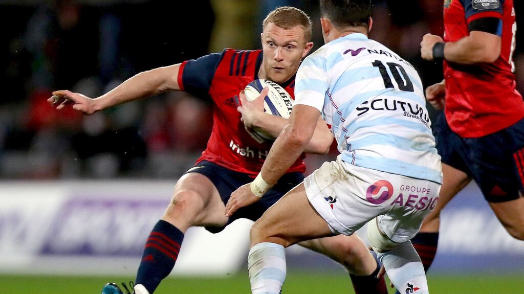 Munster’s Keith Earls and Dan Carter of Racing 92 at the European Rugby Champions Cup round 2 at Thomond Park, Limerick in October. Photograph: Bryan Keane/Inpho