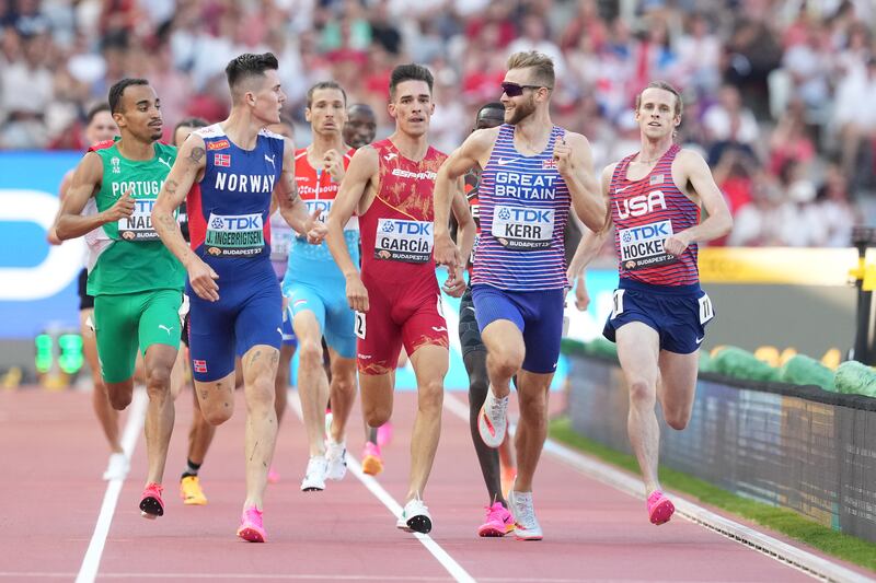 Great Britain's Josh Kerr (second from right) interacts with Norway’s Jakob Ingebrigsten in the Men's 1500m semi-final at the World Athletics Championships in Budapest. Photograph: Martin Rickett/PA Wire