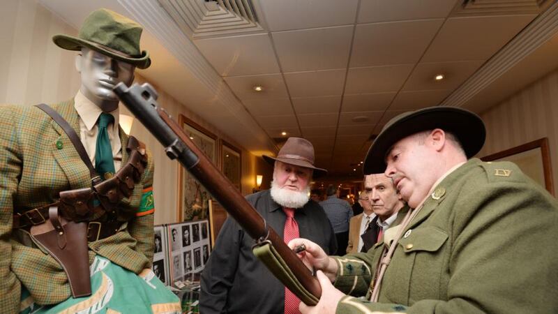 Pronsías Ó Rahaille, Jim Connolly Heron and Paul Callery at the inaugural special general meeting of the 1916 Relatives Association in Dublin. Photograph: Alan Betson/ The Irish Times