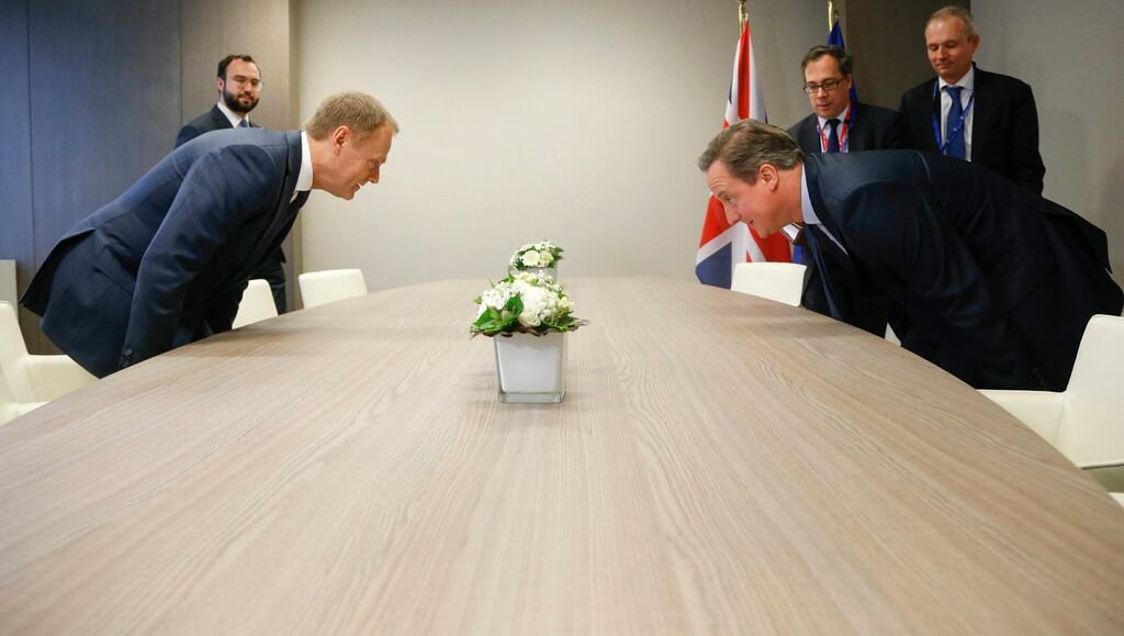 British PM David Cameron and EU Council president Donald Tusk at a meeting prior to the EU summit at headquarters in Brussels. Photograph: EPA