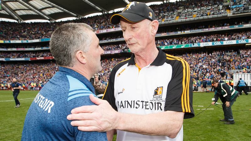 Kilkenny manager Brian Cody with Tipperary manager Liam Sheedy at the final whistle. Photograph: Tommy Dickson/Inpho