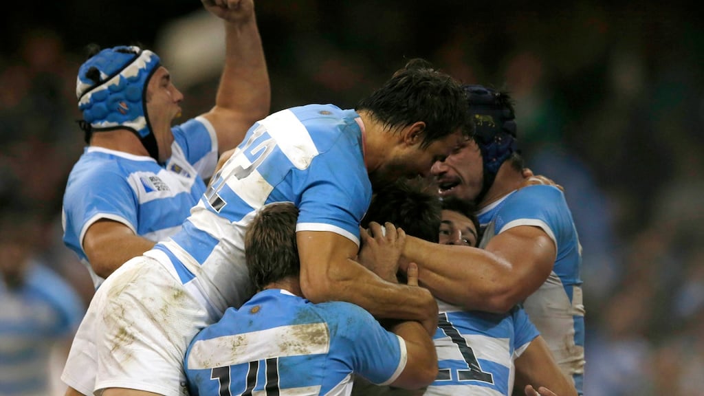 Argentina’s Juan Imhoff celebrates scoring their fourth try against Ireland. Photograph: Andrew Boyers/Reuters