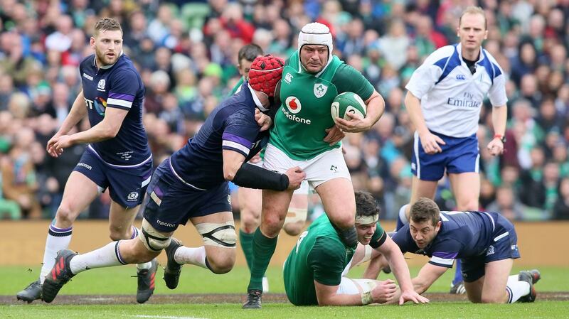 Ireland captain Rory Best is tackled by Scotland’s lock Grant Gilchrist in the 2018 Six Nations at the Aviva. Photograph: Paul Faith/AFP/Getty Images
