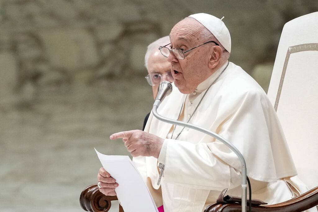 Pope Francis exchanges season’s greetings with Vatican employees on Saturday. Photograph: Andrew Medichini/AP