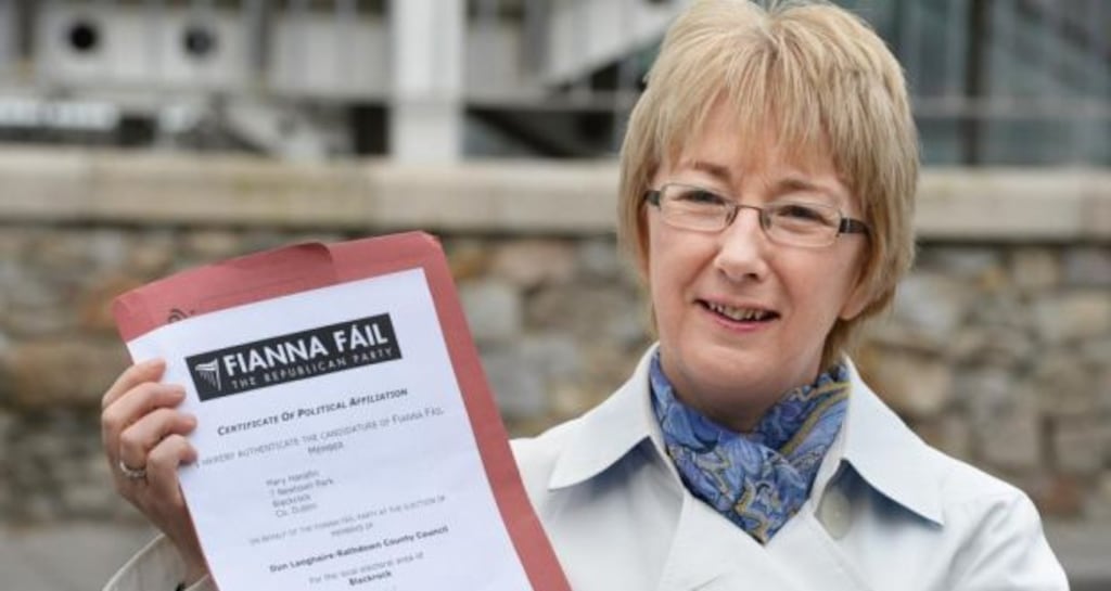 Mary Hanafin with her Fianna Fáil papers yesterday evening. Photograph: Cyril Byrne/The Irish Times