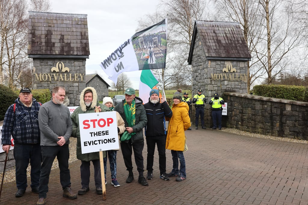 A protest organised by Moyvalley Concerned Locals, outside the Moyvalley Hotel and Golf Resort, in Co Kildare. Photograph: Dara Mac Dónaill/The Irish Times