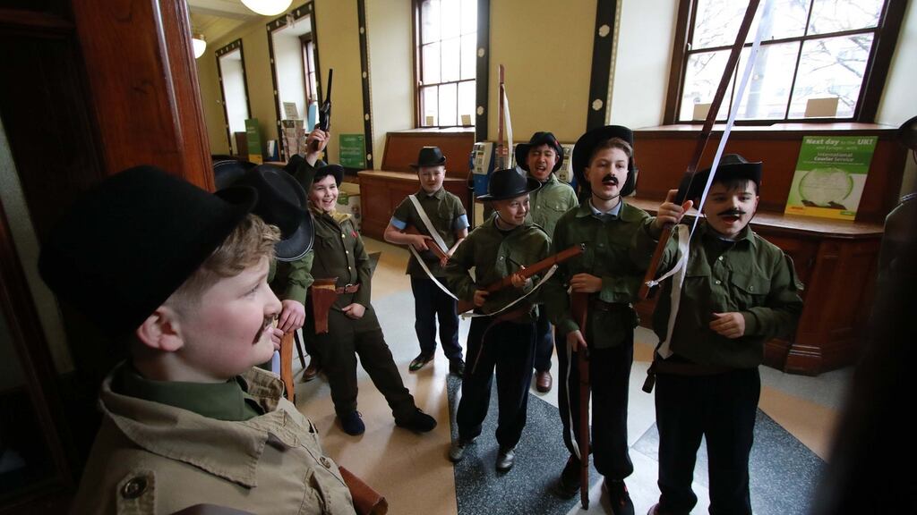Sixth-class pupils of St Patrick’s National School in Ringsend take the GPO. Among their number are Josh King, Paul Kobus, Rhys Ennis, Evan Kelch, Darragh Ryan, Leinard Regalado, Sean McPeake, Lee Eager, Alex Eager and Jake Bui. Photograph: Nick Bradshaw