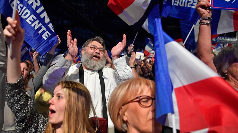 Supporters of French presidential candidate Marine Le Pen at her campaign rally in Marseille on Wednesday night. Photograph: Jeff J Mitchell/Getty Images
